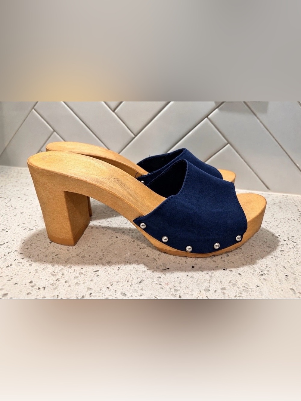 Sz 10 1980's Candies Navy BLUE High Heels Sandals Slides Womens Sexy Gen X